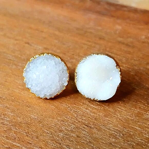 White Druzy Stud Earrings, Gold Posts, Boho Crystal Quartz - Picture 1 of 4